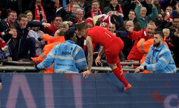 Liverpool's Philippe Coutinho Correia celebrates scoring the first goal against Manchester City during the Football League Cup Final match at Wembley Stadium