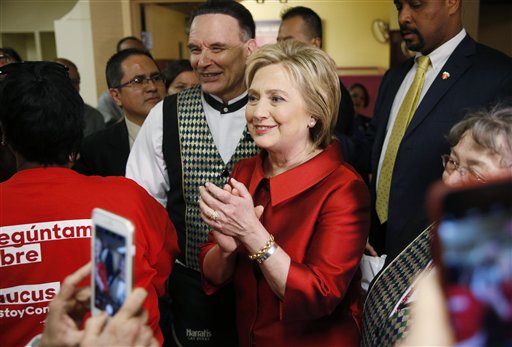 Democratic presidential candidate Hillary Clinton visits with Harrah's Las Vegas employees on the day of the Nevada Democratic caucus Saturday Feb. 20 2016 in Las Vegas