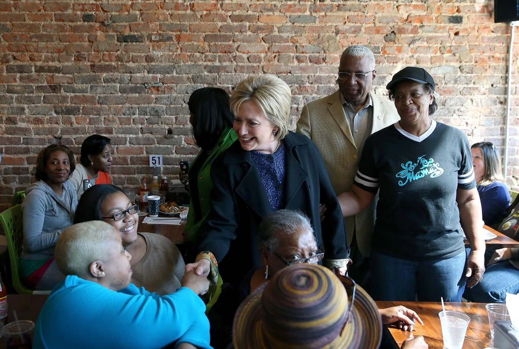 BIRMINGHAM AL- FEBRUARY 27 Democratic presidential candidate former Secretary of State Hillary Clinton greets patrons at Yo Mama's restaurant