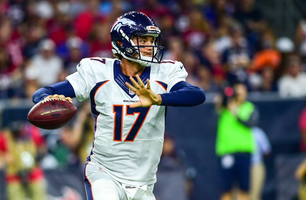 Denver Broncos Quarterback Brock Osweiler looks downfield during the Broncos at Texans preseason game at NRG Stadium Houston Texas