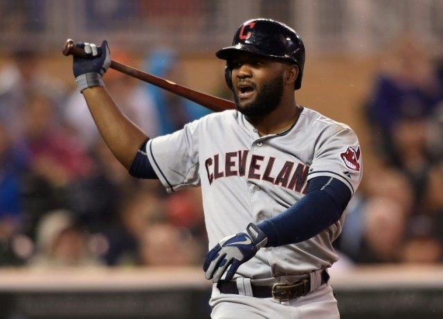 Abraham Almonte #35 of the Cleveland Indians reacts during a game against the Minnesota Twins