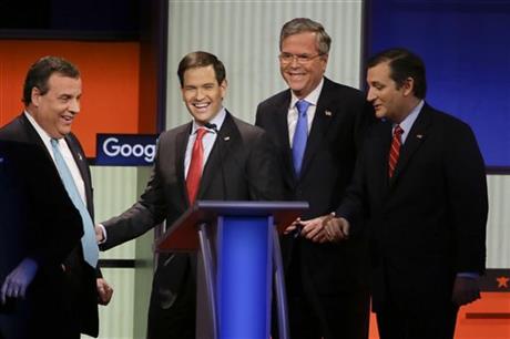 Republican presidential candidate from left New Jersey Gov. Chris Christie Sen. Marco Rubio R-Fla. former Florida Gov. Jeb Bush and Sen. Ted Cruz R-Texas talk after the Republican presidential primary debate Thursday Jan. 28 2016 in Des Moines