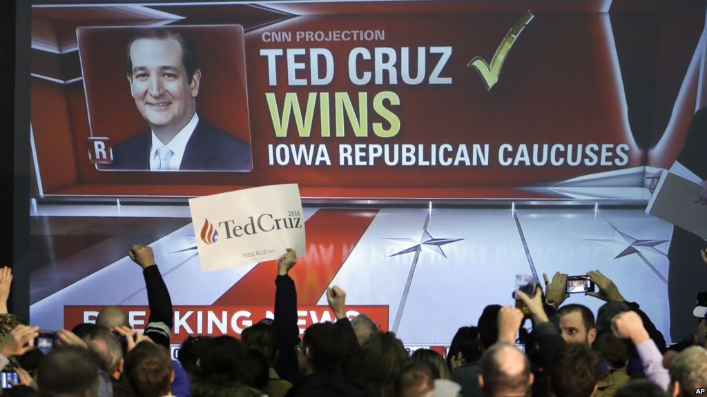 Supporters cheer as caucus returns are reported at Republican presidential candidate Sen. Ted Cruz R-Texas caucus night rally in Des Moines Iowa Feb. 1 2016