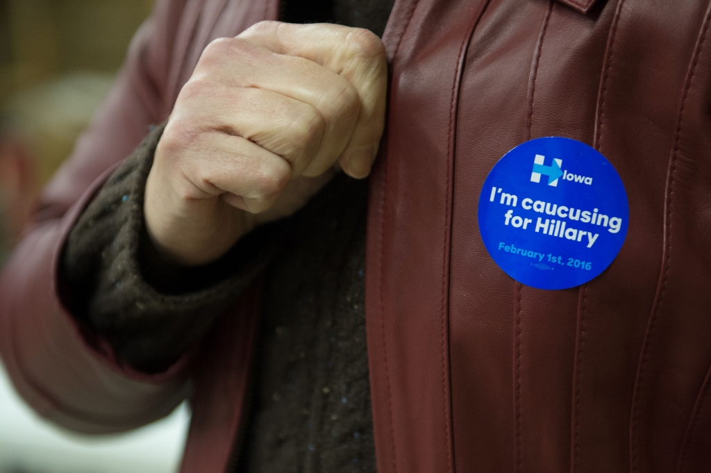 A woman displays her Hillary Clinton sticker at a Democratic Party Caucus at Jackson Township Fire Station Feb. 1 2016