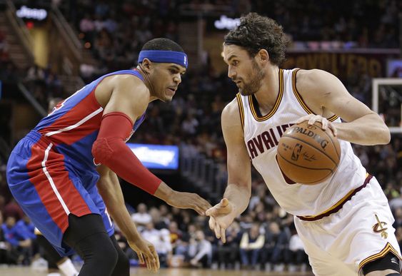 Love right drives against Detroit Pistonsâ€™ Tobias Harris in the first half of an NBA basketball game Monday Feb. 22 2016 in Cleveland