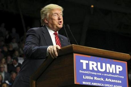 U.S. Republican presidential candidate Donald Trump speaks during a campaign rally in Little Rock Arkansas