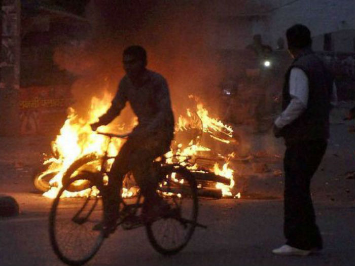 Jat agitators torch motorcycle in Rohtak on Thursday