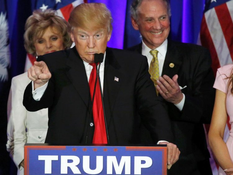 Republican U.S. presidential candidate Donald Trump at his 2016 South Carolina presidential primary night victory rally in Spartanburg South Carolina