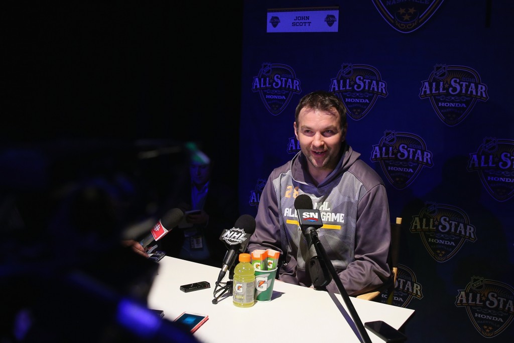 John Scott was the star attraction during Media Day at the NHL All Star Game in Nashville on Friday.			
		Getty Images