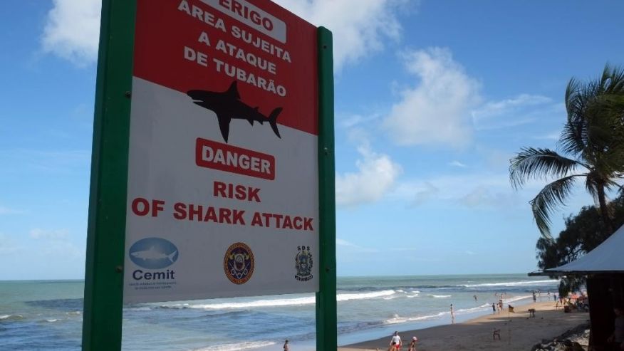 A sign warns of the danger sharks pose to swimmers at Boa Viagem beach in Recife Brazil