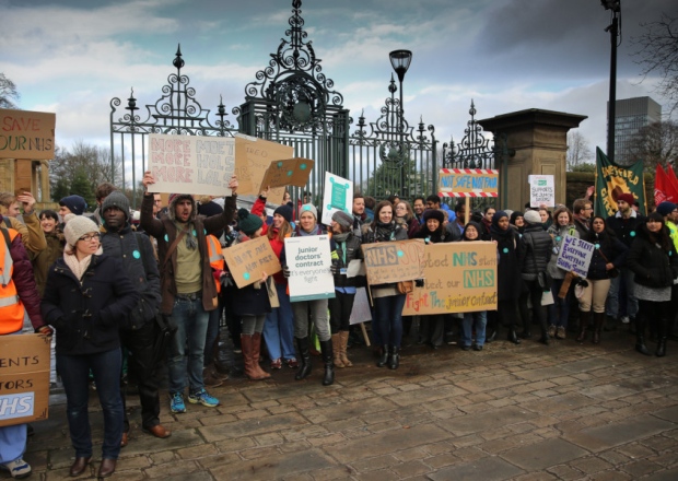 Junior doctors at Weston Park outside Sheffield Children's Hospital Sheffield on a 24 hour strike on January 12 2016