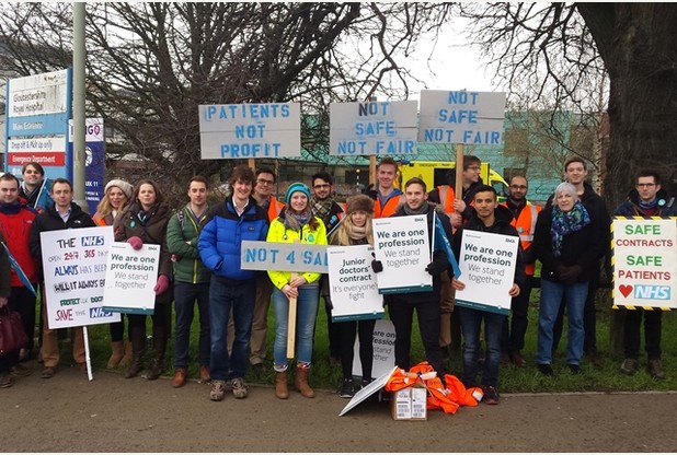 Junior doctors striking outside Gloucestershire Royal Hospital yesterday morning