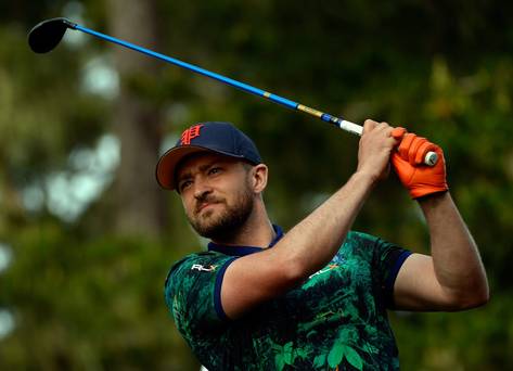 Justin Timberlake plays his tee shot on the 17th hole during the first round of the AT&T Pebble Beach National Pro Am