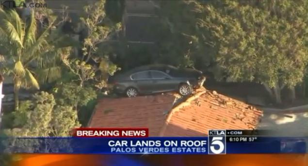 An unidentified motoroist ended up on the roof of a Los Angeles home after a crash caused by a medical emergency