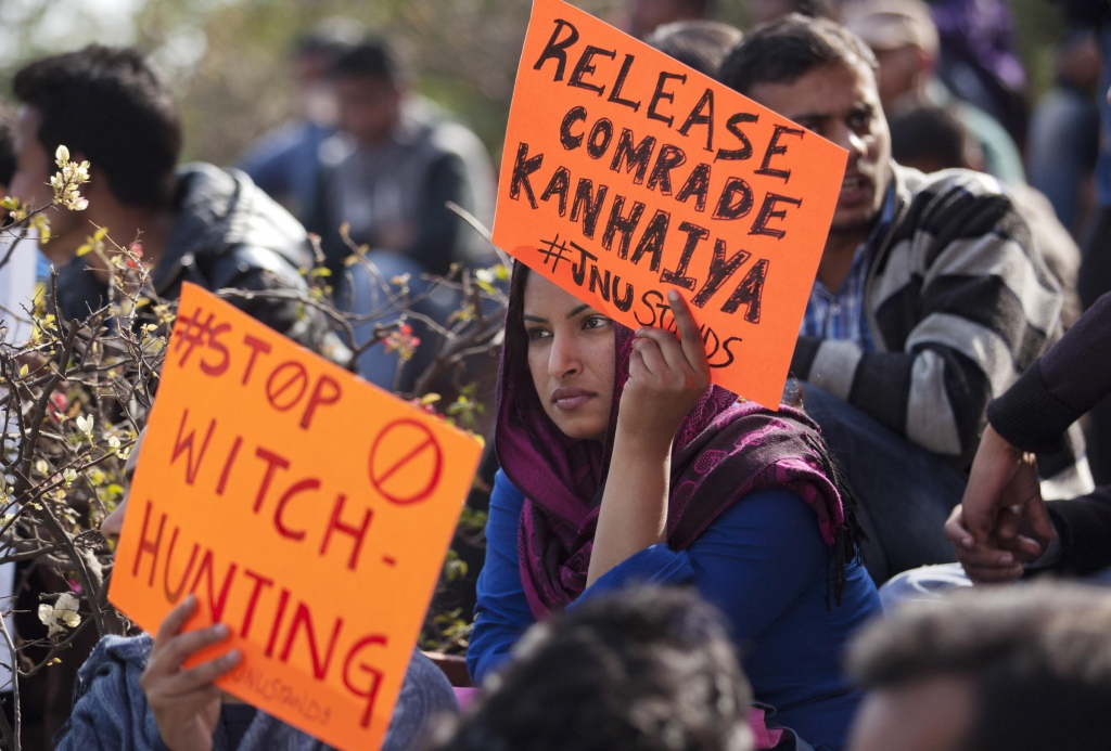 An Indian student holds a placard demanding the release of student leader Kanhaiya Kumar during a protest at the Jawaharlal Nehru University in New Delhi on Tuesday