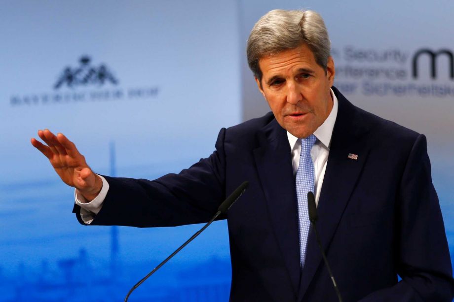 U.S. Secretary of State John Kerry gestures during his speech at the Security Conference in Munich Germany Saturday Feb. 13 2016