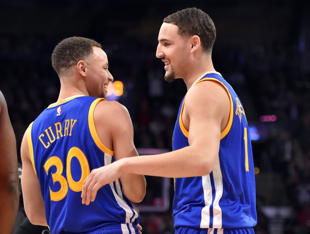 Feb 13 2016 Toronto Ontario Canada Golden State Warriors guard Klay Thompson celebrates with Stephen Curry after winning the three-point contest during the NBA All Star Saturday Night at Air Canada Centre. Mandatory Credit Bob Donnan