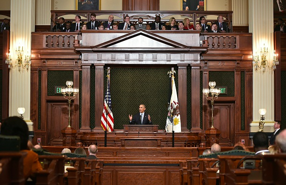 President Barack Obama addresses the Illinois General Assembly at the Illinois State Capitol in Springfield Illinois