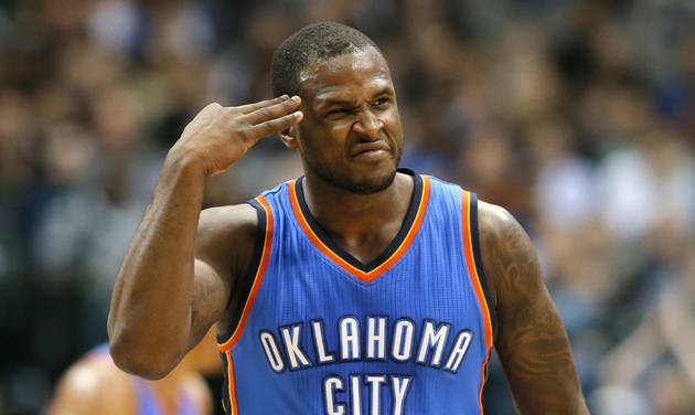 Oklahoma City Thunder guard Dion Waiters celebrates sinking a 3-point basket against the Dallas Mavericks in the second half of an NBA basketball game Wednesday Feb. 24 2016 in Dallas. The Thunder won 116-103