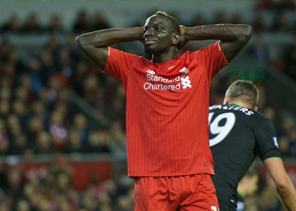 Liverpool's Mamadou Sakho looks frustrated after missing a chance during the Football League Cup Semi Final 2nd Leg match against Stoke City at Anfield