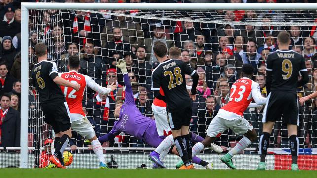 Arsenal`s English striker Danny Welbeck scores his team`s second goal against Leicester City at the Emirates Stadium in London on Sunday. AFP