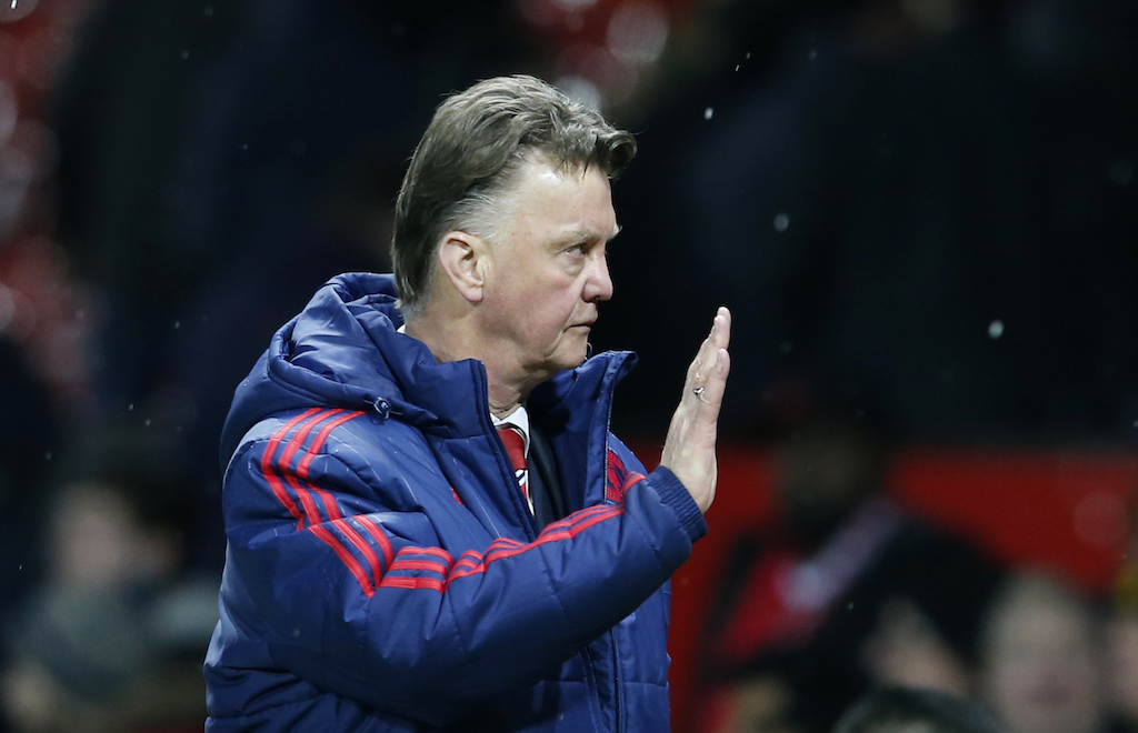 Manchester United manager Louis van Gaal waves to fans after the game at Old Trafford