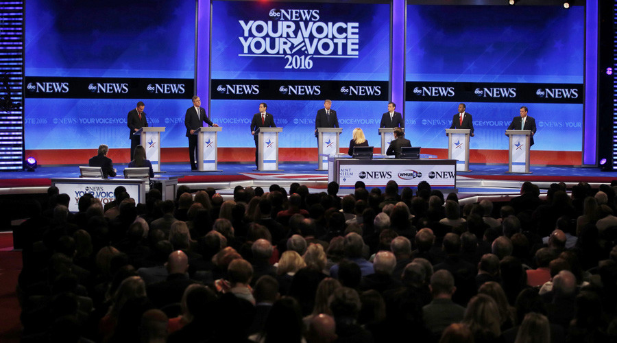 Republican U.S. presidential candidates discuss an issue at the Republican U.S. presidential candidates debate at Saint Anselm College in Manchester New Hampshire