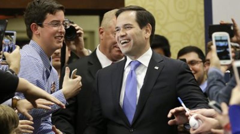 Marco Rubio Republican presidential candidate is welcomed at a rally