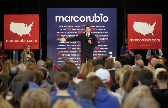 Republican presidential candidate Sen. Marco Rubio R-Fla. speaks during a campaign stop at a high school cafeteria Sunday Feb. 7 2016 in Londonderry N.H