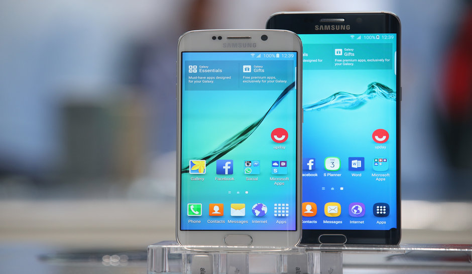 BERLIN GERMANY- SEPTEMBER 03 Galaxy S6 Edge and S6 Edge Plus smartphones stand on display at the Samsung stand during a press day at the 2015 IFA consumer electronics and appliances trade fair