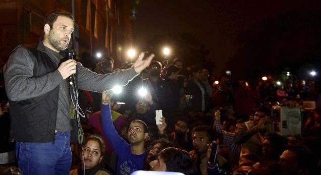 Rahul Gandhi addresses students of the Jawaharlal Nehru University in New Delhi on Feb. 13. BJP accuses him of speaking in the voice of LeT founder and terrorist Hafiz Saeed