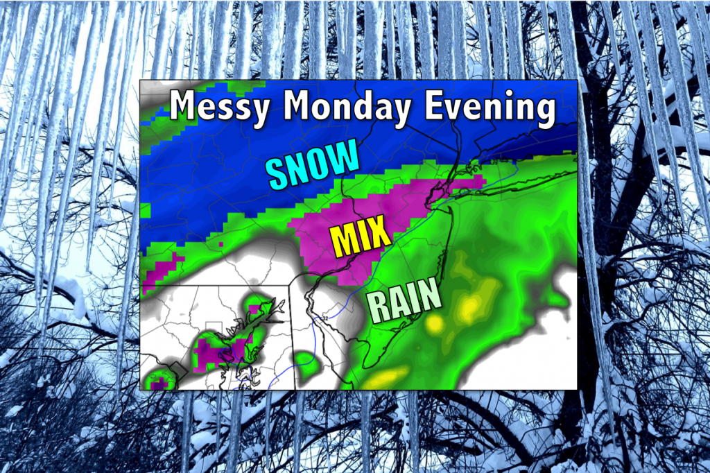 NAM model forecast of simulated radar as of 6 p.m. Monday showing snow wintry mix and rain occurring over New Jersey