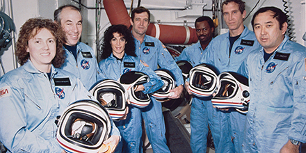 STS-51L Crew: Payload Specialists Christa Mc Auliffe and Gregory B. Jarvis Mission Specialist Judith A. Resnik Commander Francis R. Scobee Mission Specialist Ronald E. McNair Pilot Michael J. Smith Mission Specialist Ellison S. Onizuka. Courtesy