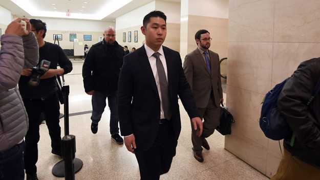 NYPD rookie officer Peter Liang arrives at a courtroom in Brooklyn