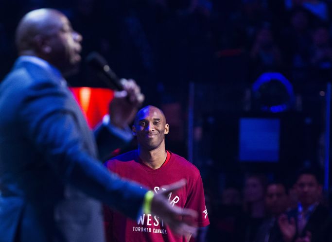 Retiring Lakers star Kobe Bryant is introduced by Hall of Famer Magic Johnson before the NBA All Star Game. Bryant finishes with 10 points for the West which wins 196-173