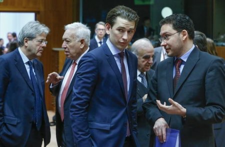 Italian Foreign Minister Paolo Gentiloni, Spanish Foreign Minister Jose Manuel Garcia Margallo. Austrian Foreign Minister Sebastian Kurz and Bulgarian Foreign Minister  Daniel Mitov attend a European Union foreign ministers meeting