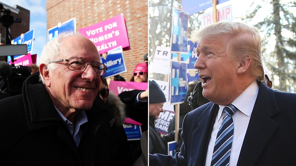 Bernie Sanders and Donald Trump are both shown on Feb. 9 2016 in New Hampshire on the day of the primary there