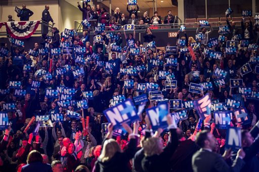 Supporters of Democratic presidential candidate Hillary Clinton cheer at the Verizon Wireless Center during the 2016 Mc Intyre Shaheen 100 Club Celebration Friday Feb. 5 2016 in Manchester N.H