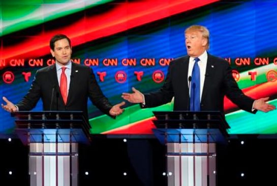 Republican presidential candidates Sen. Marco Rubio and person Donald Trump argue while answering a question during the Republican Presidential Primary Debate at the University of Houston Thursday