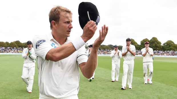 Black Caps bowler Neil Wagner acknowledges crowd applause after delivering career-best figures of 6-106 to skittle Australia at Hagley Oval Christchurch