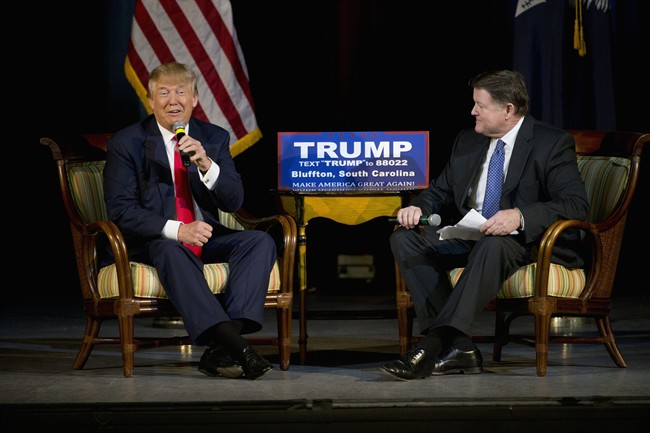 Republican presidential candidate Donald Trump left accompanied by South Carolina State Rep. Bill Herbkersman R-Beaufort speaks during a campaign stop Wednesday Feb. 17 2016 in Bluffton S.C