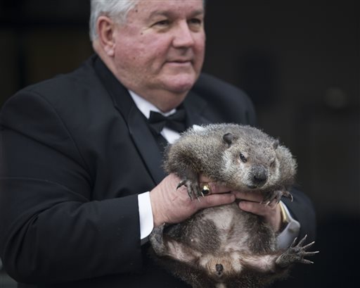 Inner Circle President Bill Deeley shows Punxsutawney Phil to tourists a day before Groundhog Day in Punxsutawney Pa. on Monday Feb. 1 2016. Members of the Inner Circle planned to reveal their forecast at sunrise Tuesday. A German legend says that