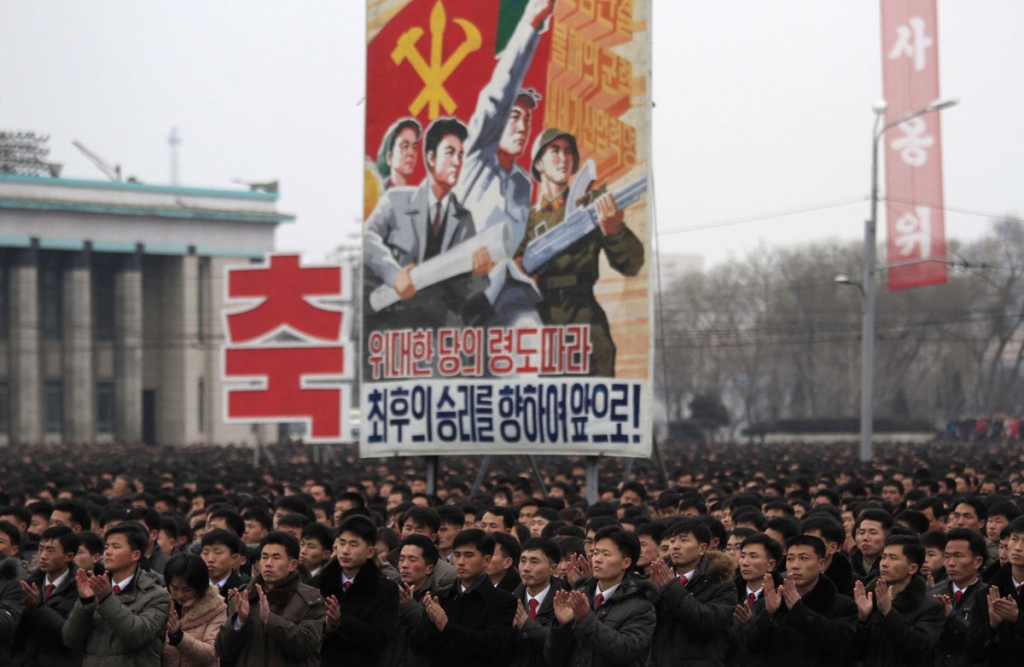 North Koreans gather at the Kim Il Sung Square to celebrate a satellite launch on February 8 in Pyongyang North Korea