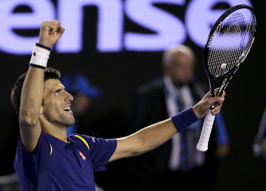 Novak Djokovic celebrates after defeating Andy Murray in the men's singles final at the Australian