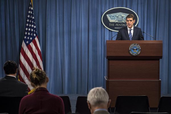 Pentagon Press Secretary Peter Cook takes questions from reporters during a briefing at the Pentagon Feb. 23 2016. Cook addressed the Defense Department's plan to close the detention facility at Naval Station Guantanamo Bay Cuba. DoD