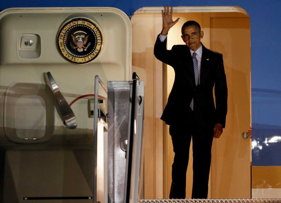 President Barack Obama arrives on Air Force One at Moffett Federal Airfield Wednesday Feb. 10 2016 in Mountain View Calif. The President is in the Bay Area for fundraising events