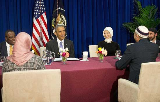 President Barack Obama meets with members of Muslim American community at the Islamic Society of Baltimore Wednesday Feb. 3 2016 in Baltimore Md. Obama is making his first visit to a U.S. mosque at a time Muslim Americans say they