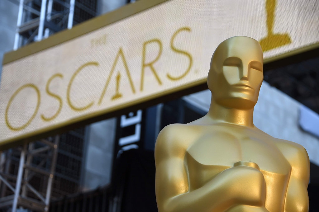 An Oscar statue is seen at the red carpet arrivals area as preparations continue for the 88th Annual Academy Awards at Hollywood & Highland Center