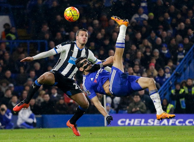 Chelsea's Diego Costa right tries to score an overhead kick past Newcastle United's Steven Taylor during the English Premier League soccer match between Chelsea and Newcastle United at Stamford Bridge stadium in London Saturday Feb. 13 2016