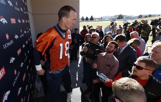 Denver Broncos quarterback Peyton Manning takes the podium to respond to questions after an NFL football practice at the team's headquarters Thursday Jan. 28 2016 in Englewood Colo. The Broncos are preparing to face the Carolina Panthers in Super Bow